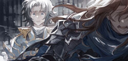  2boys armor black_armor black_hair blue_armor blue_eyes brown_hair cloak granblue_fantasy hair_over_eyes highres lancelot_(granblue_fantasy) long_hair luminous_slime multiple_boys open_mouth siegfried_(granblue_fantasy) torn_cloak torn_clothes 