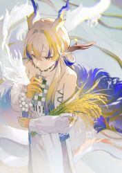  1girl arknights bead_bracelet beads blonde_hair blue_hair bracelet colored_skin commentary cowboy_shot dragon dragon_girl dragon_horns dragon_tail eastern_dragon frown grey_background hair_ornament hair_stick harikoe highres holding_wheat horns jacket jewelry long_hair looking_down multicolored_hair necklace off_shoulder pointy_ears shu_(arknights) signature solo strapless tail tube_top white_hair white_jacket white_tube_top yellow_skin 