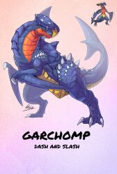  absurdres character_name claws dragon english_text garchomp highres lluisabadias looking_to_the_side pokemon pokemon_(creature) sharp_teeth signature solo teeth yellow_eyes 