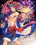  1boy abs aerial_fireworks alternate_hair_color aokamei badge bare_pectorals belt birthday blue_eyes blue_hair blue_shorts blurry blurry_background chain chain_necklace closed_mouth coat commentary crown dated english_commentary error fireworks fur-trimmed_coat fur-trimmed_shorts fur-trimmed_sleeves fur_trim gem happy_birthday hat hat_feather highres jolly_roger looking_at_viewer male_focus monkey_d._luffy navel nipples official_alternate_costume one_piece open_clothes open_coat pectorals sash scar scar_on_chest short_hair shorts skull_and_crossbones smile snapping_fingers solo tassel toned toned_male white_coat 