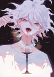  1boy ahoge bangs collarbone dangan_ronpa_(series) dangan_ronpa_2:_goodbye_despair fangs fire flame grey_eyes grey_hair hair_between_eyes half-closed_eyes hand_up highres komaeda_nagito lighter looking_at_viewer male_focus messy_hair open_mouth shirt solo tongue tongue_out upper_body white_hair xiwang_xintu 