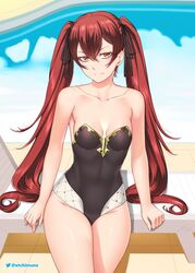  1girl adapted_costume alternate_costume bangs black_ribbon black_swimsuit breasts closed_mouth collarbone commentary english_commentary etchimune fire_emblem fire_emblem_awakening fire_emblem_fates hair_between_eyes hair_ribbon long_hair medium_breasts pool red_eyes redhead ribbon selena_(fire_emblem_fates) severa_(fire_emblem) sitting solo strapless strapless_swimsuit swimsuit thighs twintails very_long_hair 