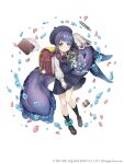  1girl absurdres anklet aqua_eyes bag child eraser eyebrows_visible_through_hair eyes_visible_through_hair fins full_body hat highres jewelry ji_no keychain kindergarten_bag loafers long_hair looking_at_viewer ningyo_hime_(sinoalice) notebook official_art pencil petals purple_hair school_hat school_uniform shoes sinoalice solo square_enix very_long_hair water white_background younger 