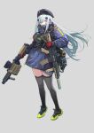  1girl absurdres assault_rifle bag bangs beret black_legwear blue_hair blue_jacket cartridge commentary eyebrows_visible_through_hair girls_frontline gloves green_eyes gun h&amp;k_hk416 hat headphones highres hk416_(girls_frontline) holding holding_weapon jacket long_hair looking_at_viewer red_gloves rifle shoes simple_background solo symbol_commentary thigh-highs uniform weapon yitiao_er-hua 