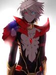 1boy bare_pectorals blue_eyes chest_jewel fate/apocrypha fate_(series) glowing glowing_eyes heterochromia jewelry karna_(fate) looking_at_viewer male_focus namahamu_(hmhm_81) necklace pale_skin pectorals red_eyes solo upper_body white_hair 