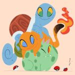  abstract bulbasaur charmander climbing fang fangs fangs_out fire gen_1_pokemon highres looking_at_another lorenzocolangeli lying one_eye_closed poke_ball pokemon pokemon_(creature) shell signature simple_background squirtle tail 