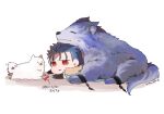  1boy blue_hair bone capelet chain chibi cu_chulainn_(caster)_(fate) cu_chulainn_(fate)_(all) cuffs dog fate/grand_order fate/kaleid_liner_prisma_illya fate_(series) fur-trimmed_capelet fur_trim jitome lancer_(prisma_illya) long_hair male_focus namahamu_(hmhm_81) red_eyes shackles werewolf wolf 