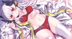  1girl bra breasts dragon_girl dragon_horns fate/grand_order fate_(series) grey_hair highres horns japanese_clothes kimono kiyohime_(fate) long_hair lying medium_breasts morizono_shiki multiple_horns navel on_back open_clothes open_kimono panties red_bra red_eyes red_panties solo strap_slip underwear 