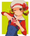 1girl artist_name blush border brown_eyes brown_hair closed_mouth collarbone commentary delta_nonbiri eyelashes green_background hands_up hat hat_ribbon heart heart_hands looking_at_viewer lyra_(pokemon) outside_border overalls pokemon pokemon_(game) pokemon_hgss red_ribbon red_shirt ribbon shirt sleeves_past_elbows solo twintails upper_body white_border white_headwear 