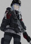  1girl absurdres assault_rifle bag bangs black_legwear black_shorts blue_hair camouflage camouflage_jacket cyka eyebrows_visible_through_hair eyewear_on_head from_below gas_mask girls_frontline gloves green_eyes gun h&amp;k_hk416 highres hk416_(fang)_(girls_frontline) hk416_(girls_frontline) holding holding_gun holding_weapon holster jacket long_hair looking_at_viewer pantyhose red_gloves rifle serious shorts simple_background snowflake_background snowflakes solo standing tom_clancy&#039;s_the_division uniform weapon winter_uniform 