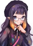  1girl bag bangs beret blue_eyes blunt_bangs blush dress flat_chest glasses gradient gradient_background hat headpiece highres hololive hololive_english long_hair long_sleeves looking_at_viewer maru_ccy mole mole_under_eye multicolored_hair ninomae_ina&#039;nis orange_hair paint_on_clothes paint_splatter pointy_ears purple_hair smile tentacle_hair wavy_hair 