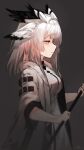  1girl arknights artist_name bangs black_feathers commentary_request dress eyebrows_visible_through_hair feather_hair grey_background highres holding jacket libiadan long_hair orange_eyes owl_ears ptilopsis_(arknights) silver_hair simple_background solo white_dress white_feathers white_hair white_jacket 