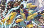  blue_eyes claws commentary_request electricity gen_7_pokemon mythical_pokemon no_humans open_mouth pokemon pokemon_(creature) signature teeth tongue urufin_(wolf_v3ewc) yellow_fur zeraora 