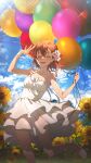  1girl balloon beige_dress blue_sky brown_eyes brown_hair closed_eyes clouds cowboy_shot day dress english_commentary facing_viewer flower hair_flower hair_ornament highres kagura_kurosaki misaka_mikoto outdoors short_hair sky smile solo spaghetti_strap sundress sunflower toaru_kagaku_no_railgun toaru_majutsu_no_index 