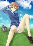  1girl 506th_joint_fighter_wing absurdres arm_support belt blue_belt blue_neckwear blue_sky breasts brown_eyes brown_hair canteen clouds garrison_cap grass hand_in_hair hat highres hill jennifer_j_deblanc knee_up medium_breasts memory_(prophet5) military military_uniform necktie noble_witches one_eye_closed panties pantyshot short_hair sky solo they&#039;re_not_panties thighs underwear uniform white_panties 