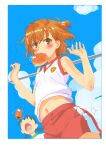  2girls blue_sky bread bread_eating_race brown_eyes brown_hair clouds commentary_request cowboy_shot eating food gym_uniform highres looking_at_viewer misaka_mikoto mouth_hold multiple_girls red_shorts shirt short_hair shorts sky sleeveless sleeveless_shirt solo_focus tanaka_yuuichi toaru_kagaku_no_railgun toaru_majutsu_no_index white_shirt 