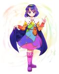  1girl :3 abstract_background absurdres arms_up bag blue_eyes blue_hair blush boots cape cape_lift cloud_print commentary dress dungeon_toaster eyebrows_visible_through_hair full_body highres knee_boots long_sleeves looking_at_viewer multicolored multicolored_clothes multicolored_dress multicolored_hairband patchwork_clothes pointing pointing_up purple_footwear rainbow_gradient sash shiny shiny_hair short_hair solo spiral_background standing tenkyuu_chimata touhou 