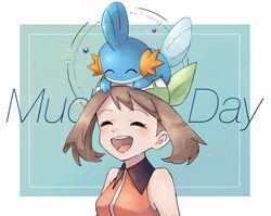  1girl bangs bare_arms blush breasts brown_hair character_name closed_eyes commentary_request etsuko_pkmn eyelashes gen_3_pokemon green_bandana highres may_(pokemon) medium_hair mudkip on_head open_mouth pokemon pokemon_(creature) pokemon_(game) pokemon_emerald pokemon_on_head pokemon_rse sleeveless smile tongue upper_body upper_teeth |d 