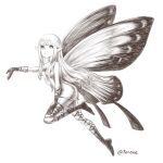  1girl aerie_(bravely_default) bare_shoulders bravely_default:_flying_fairy bravely_default_(series) butterfly_wings dress fairy from_side full_body gloves hand_on_own_thigh highres huiyuan knee_up long_hair monochrome outstretched_arm pointy_ears short_dress sketch smile solo strapless strapless_dress thigh-highs thigh_strap wings 
