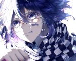  1boy absurdres bangs batory_(wxra2833) black_hair blue_hair blurry checkered checkered_scarf clenched_hand clenched_teeth commentary_request crying crying_with_eyes_open dangan_ronpa_(series) dangan_ronpa_v3:_killing_harmony depth_of_field floating_hair hair_between_eyes hand_up highres male_focus ouma_kokichi scarf solo tears teeth 