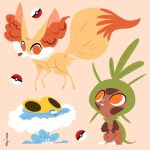  abstract chespin fennekin froakie gen_6_pokemon highres looking_at_another lorenzocolangeli poke_ball pokemon pokemon_(creature) signature simple_background sitting solo standing 