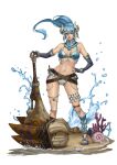  1girl armor bikini bikini_armor breasts full_body hammer looking_at_viewer monster_hunter_(series) monster_hunter_rise navel phamoz sandals shell solo swimsuit water weapon 