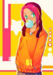  1boy absurdres aqua_eyes artist_name bio_(bioshitto) bubble_blowing chewing_gum hands_in_pockets highres hood hoodie long_hair looking_at_viewer multicolored_hair noguchi_souta orange_hoodie simple_background standing streaked_hair tribe_cool_crew 