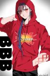  1boy arm_behind_head arm_tattoo blue_hair casual cowboy_shot cu_chulainn_(fate)_(all) cu_chulainn_alter_(fate/grand_order) earrings facial_mark facial_tattoo fate/grand_order fate_(series) hood hood_up hoodie jewelry male_focus namahamu_(hmhm_81) ponytail red_eyes solo standing tattoo 