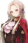  1girl blonde_hair breasts cape cravat edelgard_von_hresvelg fire_emblem fire_emblem:_three_houses garreg_mach_monastery_uniform gloves hair_ornament hair_ribbon highres kurosususu long_hair long_sleeves looking_at_viewer red_cape ribbon simple_background smile solo uniform violet_eyes white_hair 