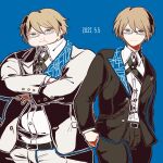  bangs belt blonde_hair blue_background brown_belt brown_jacket brown_pants collared_shirt crossed_arms dangan_ronpa_(series) dangan_ronpa_2:_goodbye_despair dated dress_shirt formal glasses hand_in_pocket jacket kiri_(2htkz) long_hair long_sleeves looking_at_viewer male_focus multiple_boys obese pants semi-rimless_eyewear shirt shirt_tucked_in short_hair spoilers suit togami_byakuya togami_byakuya_(dangan_ronpa_2) white_jacket white_pants 