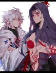  2boys arm_tattoo bare_pectorals blue_hair chest_tattoo crossed_arms cu_chulainn_(fate)_(all) cu_chulainn_alter_(fate/grand_order) earrings fate/grand_order fate_(series) flower_knot gae_bolg_(fate) hood hood_up hooded_robe jewelry long_hair male_focus merlin_(fate) multiple_boys namahamu_(hmhm_81) pectorals polearm red_eyes robe spear tattoo weapon white_robe 