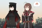  2girls ahoge akitsu_maru_(kancolle) annin_musou belt black_capelet black_eyes black_hair black_headwear black_skirt blush braid brown_belt brown_eyes brown_hair buttons capelet closed_mouth gloves hair_between_eyes hat hood hooded_capelet imagining kantai_collection long_hair long_sleeves military military_uniform multiple_girls peaked_cap pleated_skirt red_ribbon ribbon shinshuu_maru_(kancolle) short_hair skirt thought_bubble twin_braids uniform white_gloves 