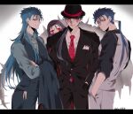  4boys blue_hair bodypaint bowler_hat cu_chulainn_(caster)_(fate) cu_chulainn_(fate)_(all) cu_chulainn_(fate/stay_night) cu_chulainn_alter_(fate/grand_order) dark_blue_hair earrings facepaint fate/grand_order fate_(series) formal hands_in_pockets hat highres jewelry long_hair mini_cu-chan_(fate) multiple_boys multiple_persona namahamu_(hmhm_81) necktie one_eye_closed ponytail red_eyes suit tail vest waistcoat 