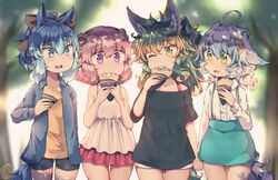  4girls ahoge animal_ear_fluff animal_ears bangs black_shirt black_shorts blue_eyes blue_hair bow brown_bow child crepe eating eyebrows_visible_through_hair food green_eyes green_hair hair_bow holding holding_food holding_hands kuromiya kuromiya_raika kuzakura_mika looking_at_another multiple_girls one_eye_closed open_mouth original pink_hair shiromiya_asuka shirt shorts souma_ren tail thighs violet_eyes white_hair younger 