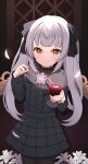  1girl absurdres alcohol bangs black_bow black_dress black_legwear bow brown_eyes closed_mouth commentary_request cup dress drinking_glass eyebrows_visible_through_hair flower grey_hair hair_bow hands_up highres holding holding_cup hololive layered_dress long_hair long_sleeves looking_at_viewer murasaki_shion pantyhose petals petals_on_liquid pleated_dress puffy_long_sleeves puffy_sleeves smile solo standing starfox1015 twintails very_long_hair virtual_youtuber white_flower wine wine_glass 