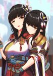  2girls bangs black_gloves black_hair blunt_bangs breasts eyeshadow fewer_digits gloves hair_ornament highres hinoa japanese_clothes kuroshiro_(ms-2420) large_breasts long_hair looking_at_viewer makeup minoto monster_hunter_(series) monster_hunter_rise multiple_girls pointy_ears red_eyeshadow siblings sidelocks sisters smile twins upper_body yellow_eyes 