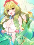  1girl absurdres blonde_hair breasts commission gradient_hair green_hair highres long_hair looking_at_viewer medium_breasts mermaid monster_girl multicolored_hair nabeniuitagomi navel original skeb_commission smile solo underwater very_long_hair yellow_eyes 