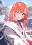  1girl :p bangs blurry blurry_background blush brown_eyes collar earrings eyebrows_visible_through_hair from_side grey_jacket highres isshiki_iroha jacket jewelry lips looking_at_viewer medium_hair one_eye_closed orange_hair outdoors ponkan_8 sitting smile solo tongue tongue_out tree upper_body yahari_ore_no_seishun_lovecome_wa_machigatteiru. 