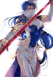  1boy armor blue_hair circlet cosplay cu_chulainn_(caster)_(fate) cu_chulainn_(fate)_(all) earrings fate/grand_order fate_(series) forehead_jewel gae_bolg_(fate) jewelry long_hair low-tied_long_hair male_focus mouth_veil namahamu_(hmhm_81) pauldrons pectorals polearm red_eyes ring scheherazade_(fate) scheherazade_(fate)_(cosplay) shoulder_armor solo spear thumb_ring veil weapon 