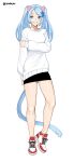  1girl animal_ears artist_name black_skirt blue_eyes blue_flower blue_hair breasts cat_ears cat_girl cat_tail commission daniaeru flower hair_flower hair_ornament highres long_hair medium_breasts original parted_lips shoes skirt smile sneakers solo sweater tail twintails white_background white_sweater 