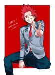  1boy belt blazer boku_no_hero_academia boots buttons dated forehead foreshortening grin highres invisible_chair jacket kirishima_eijirou looking_at_viewer male_focus necktie one_eye_closed red_eyes red_neckwear red_theme redhead scar scar_on_face school_uniform sharp_teeth shoco_(sco_labo) short_eyebrows sitting smile spiky_hair teeth v veins 