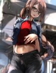  1girl bangs black_pants blue_jacket blush braid braided_ponytail breasts brown_eyes brown_hair contemporary denim earrings fate/grand_order fate_(series) glasses highres jacket jeans jewelry long_hair looking_at_viewer medium_breasts midriff multiple_earrings navel open_clothes open_jacket open_mouth pants red_shirt sakazakinchan shirt single_braid very_long_hair yu_mei-ren_(fate) 