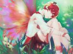  bandaid bandaid_on_nose blurry blurry_background boots fairy_wings flower forest frills fukase grass head_on_knees headphones leg_hug male_focus mini_flag misu_(stepforme) nature red_eyes redhead ribbon shirt shorts sitting sleeves_past_elbows solo vocaloid white_shirt wings 
