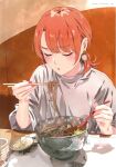  bangs blush bowl chopsticks closed_eyes eating eyebrows_visible_through_hair fingernails food grey_shirt highres holding holding_chopsticks holding_spoon indoors isshiki_iroha medium_hair nail_polish noodles orange_hair parted_lips pink_nails ponkan_8 ramen shirt sitting spoon table yahari_ore_no_seishun_lovecome_wa_machigatteiru. 