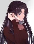  1girl bangs black_hair blue_eyes blush breasts earrings fate/stay_night fate_(series) grey_background hand_up highres jewelry long_hair long_sleeves medium_breasts parted_bangs red_shirt shimatori_(sanyyyy) shirt simple_background solo thigh-highs tohsaka_rin two_side_up 