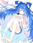  1girl bangle bare_legs barefoot blue_bow blue_eyes blue_hair blue_skirt bow bracelet feet grey_hoodie hair_bow highres holding holding_sign hood hoodie jewelry long_hair looking_at_viewer nyanaya sign simple_background skirt smile solo thighs touhou translation_request triangle very_long_hair yorigami_shion 