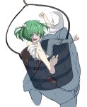  1boy 1girl @_@ arm_up bare_shoulders barefoot blush bucket collarbone eha7y feet green_eyes green_hair hair_bobbles hair_ornament highres kisume nose_blush off_shoulder open_mouth simple_background tearing_up toes touhou two_side_up wavy_mouth white_background white_robe 