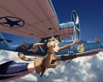  1girl 4boys absurdres aircraft airplane animal_ears black_hair black_neckwear black_ribbon blonde_hair blue_eyes blue_sky browning_m1919 c cat_ears cat_tail clouds consolidated_pby_catalina death_by_lolis fang freckles garrison_cap gun hat headset highres holster katharine_ohare landing_gear machine_gun multiple_boys necktie revolver ribbon short_hair skin_fang sky smile tail tire v waving weapon wheel world_witches_series 