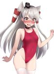  1girl alternate_costume amatsukaze_(kancolle) bangs blush breasts brown_eyes choker collarbone commentary_request competition_swimsuit covered_navel cowboy_shot eyebrows_visible_through_hair fang groin hair_tubes highleg highleg_swimsuit kantai_collection long_hair looking_at_viewer nose_blush one-piece_swimsuit open_mouth red_swimsuit sasakura_(calicchio) silver_hair simple_background skindentation small_breasts solo sweatdrop swimsuit thigh-highs two_side_up white_background white_legwear windsock 