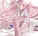  1girl absurdly_long_hair arm_support between_legs blurry choker closed_mouth clothing_cutout collarbone depth_of_field dot_nose elbow_rest eyebrows_visible_through_hair floating_hair full_body gloves goddess_madoka hair_ribbon hand_between_legs hand_up happy kaname_madoka knees_up light_blush long_hair looking_at_viewer mahou_shoujo_madoka_magica number on_floor pink_hair pink_legwear pink_theme ramune_(yurikoppe0202) ribbon shiny shiny_hair simple_background sitting smile soles solo straight_hair tareme thigh-highs transparent_wings two_side_up very_long_hair white_background white_choker white_gloves white_ribbon wide_sleeves wings yellow_eyes zettai_ryouiki 